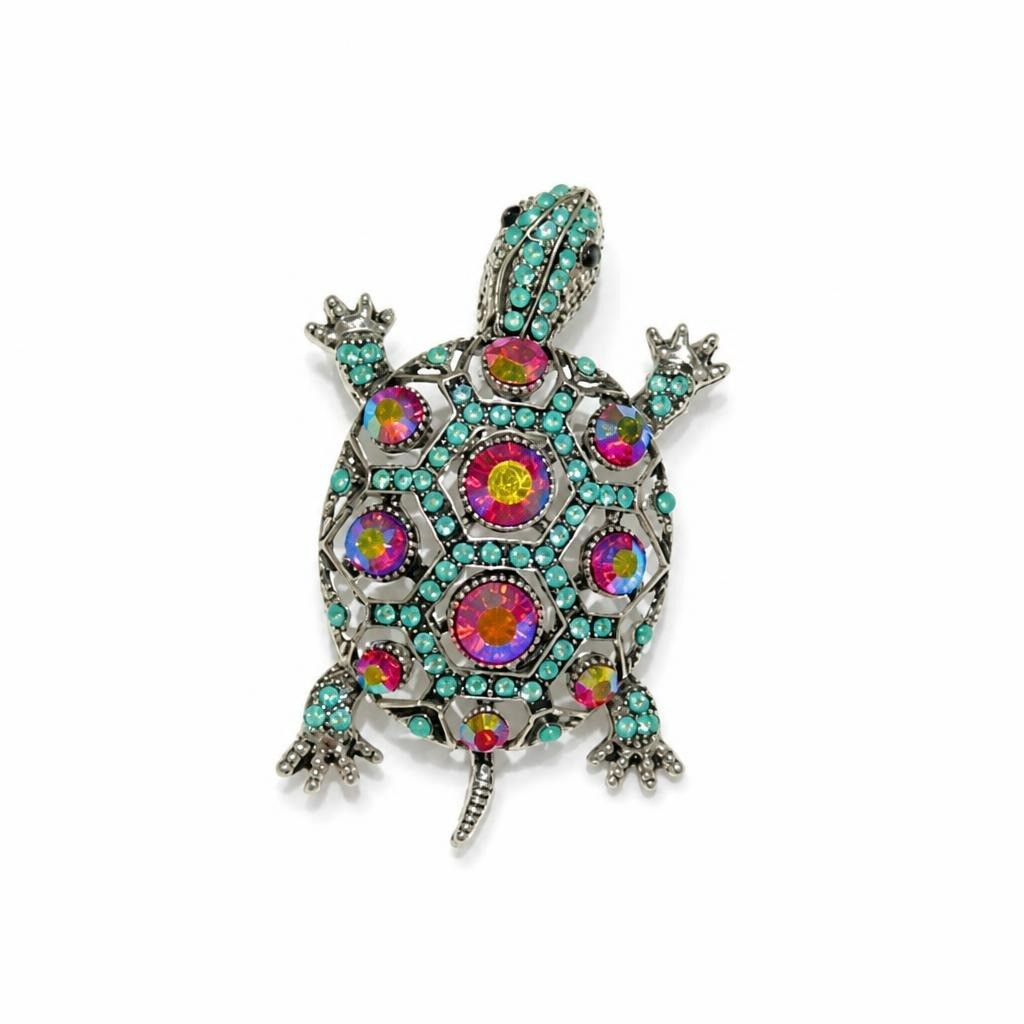 Silver Turtle Brooch Teal AB Crystal | New | Why Go Less