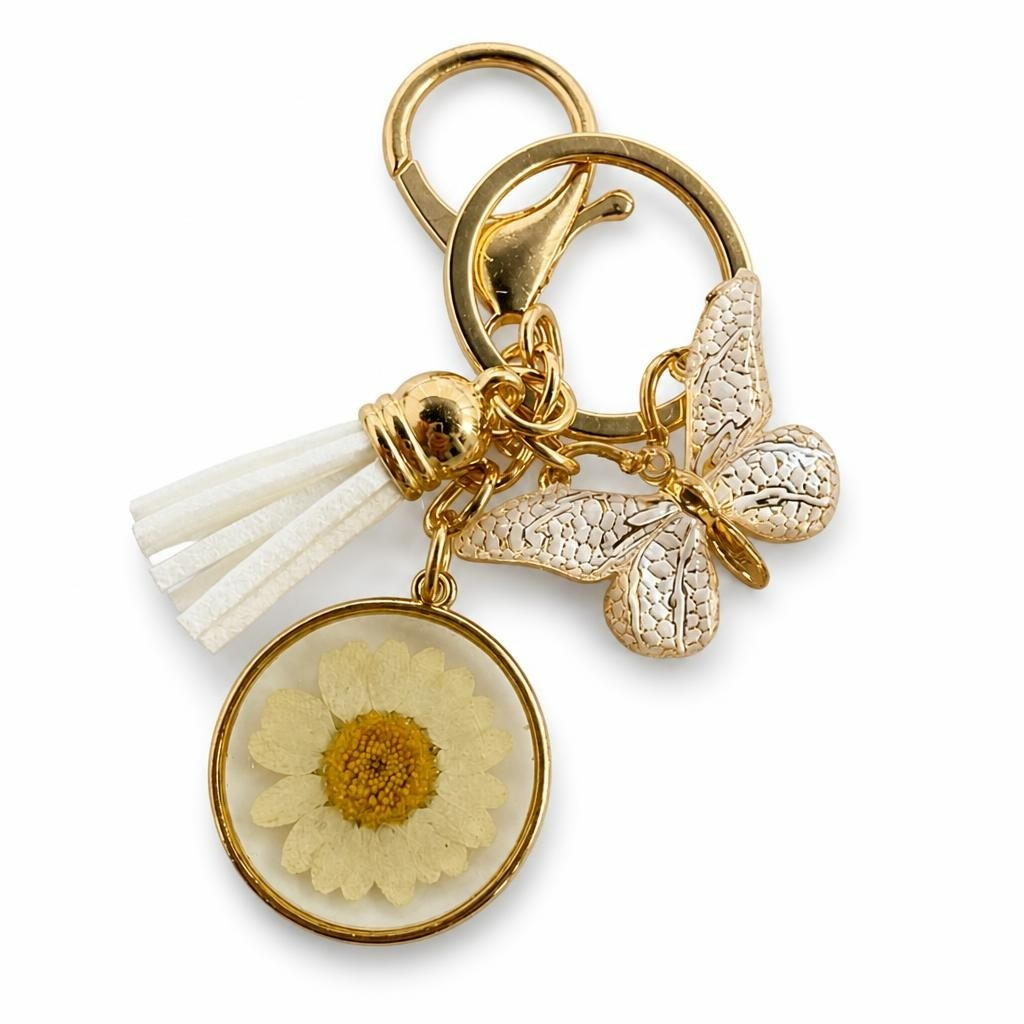 Gold daisy pressed flower keychain with butte - second-hand at Why Go Less