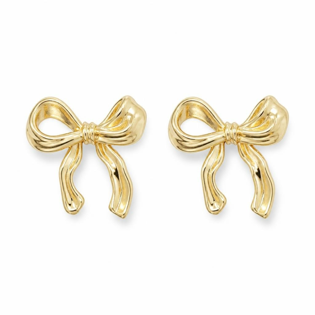 Gold bow stud earrings, chunky statement styl - second-hand at Why Go Less