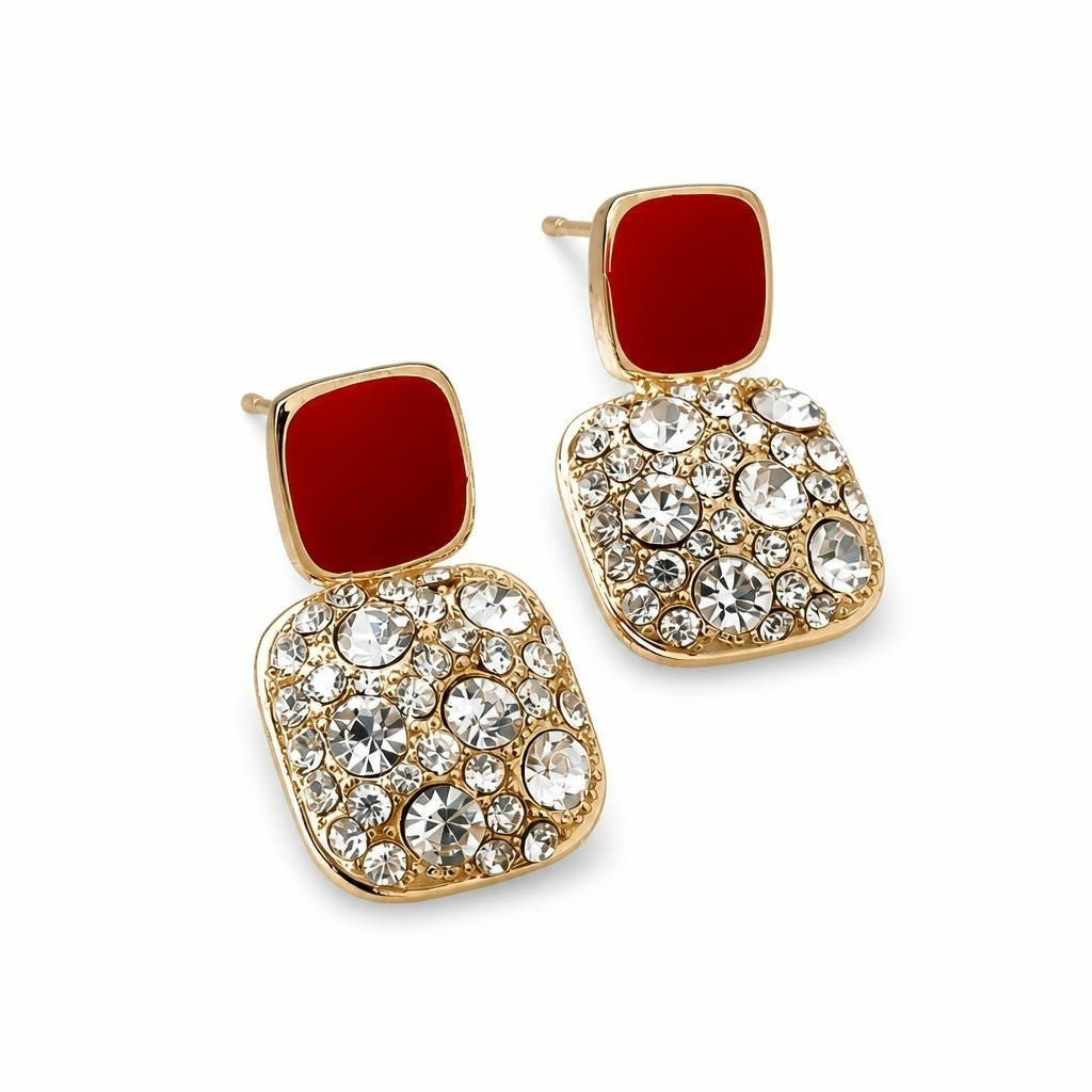 Gold red enamel crystal square drop earrings - second-hand at Why Go Less