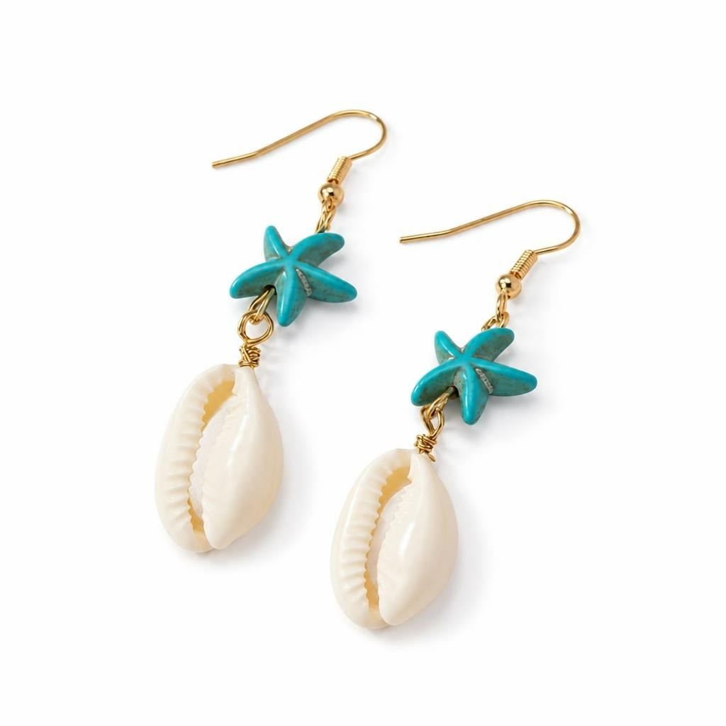 Cowrie shell & turquoise starfish dangle earr - second-hand at Why Go Less