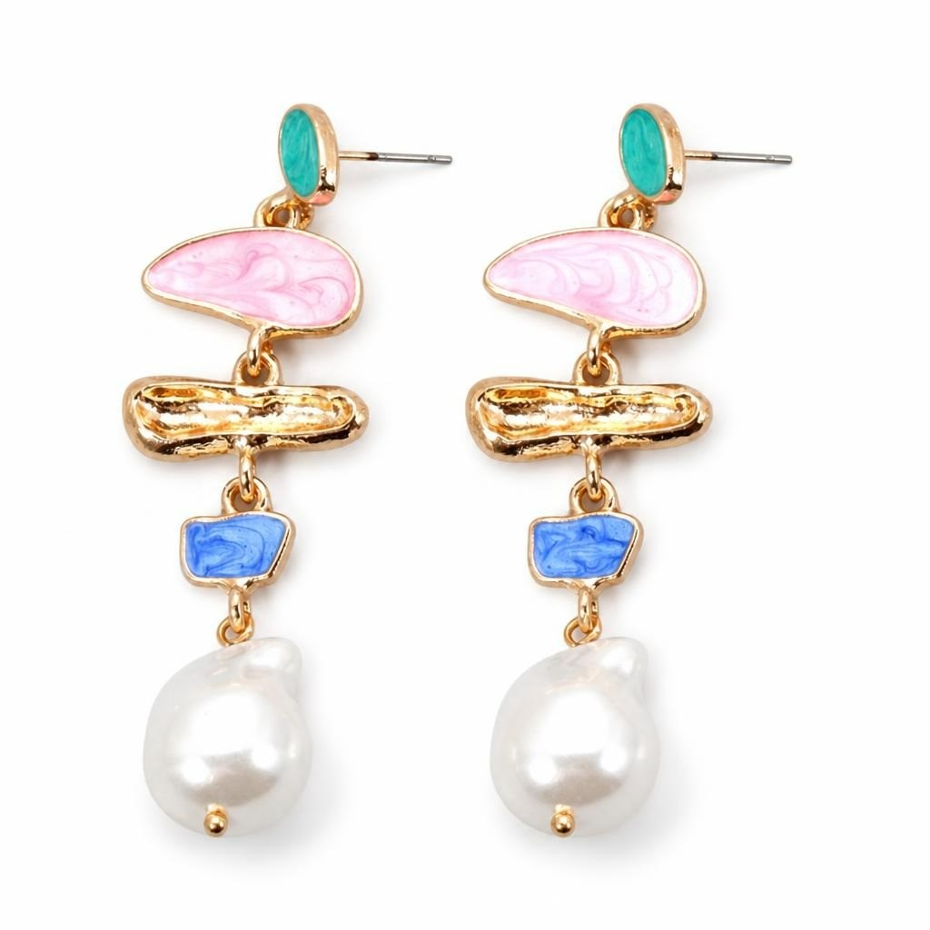 Gold-tone enamel & baroque pearl long drop ea - second-hand at Why Go Less