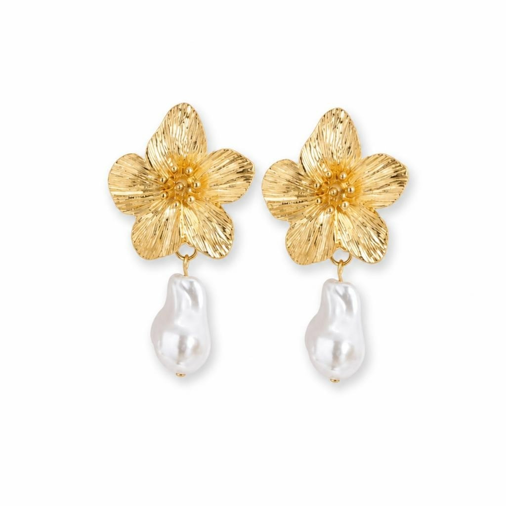 Gold textured flower baroque pearl drop earri - second-hand at Why Go Less