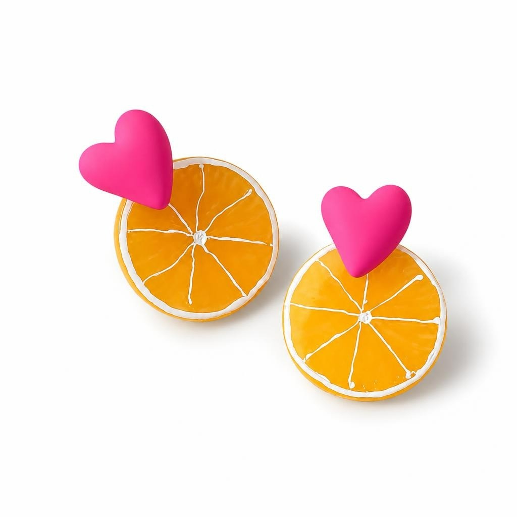 Orange slice pink heart novelty stud earrings - second-hand at Why Go Less