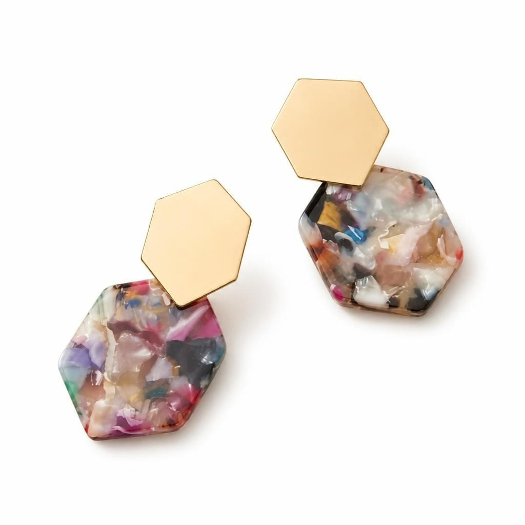 Hexagon gold & multicolor resin statement ear - second-hand at Why Go Less