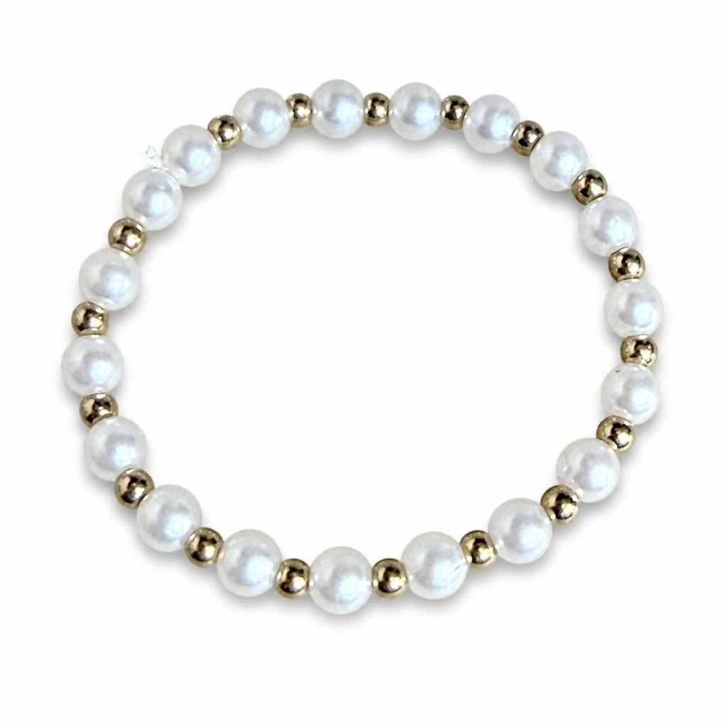 White faux pearl and gold bead stretch bracel - second-hand at Why Go Less