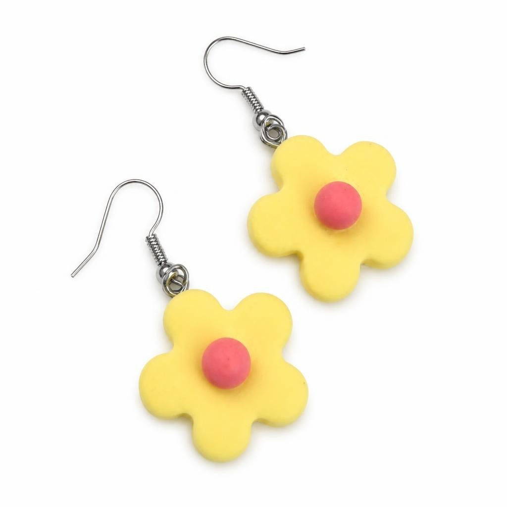 Handmade flower cookie dangle earrings, yello - second-hand at Why Go Less