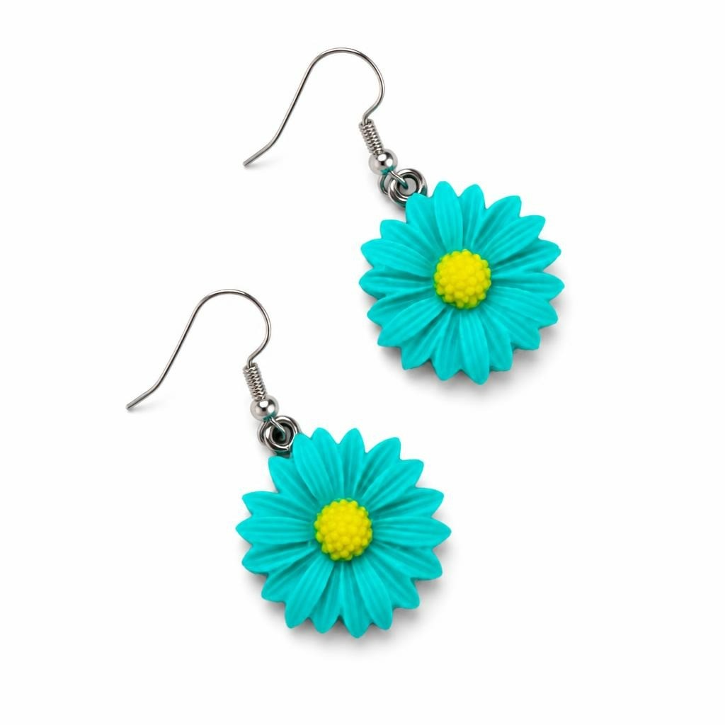 Teal daisy flower dangle earrings, resin - second-hand at Why Go Less