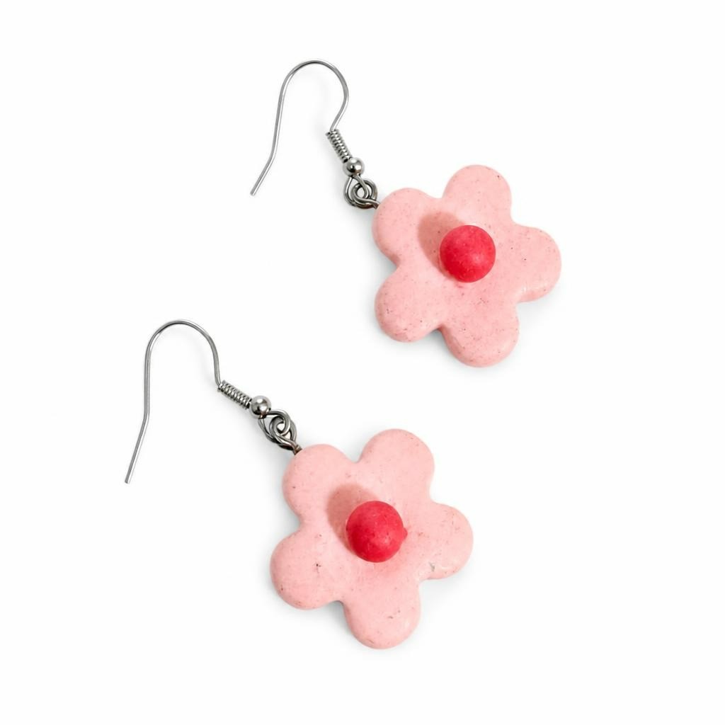 Handmade pink flower dangle earrings, clay - second-hand at Why Go Less