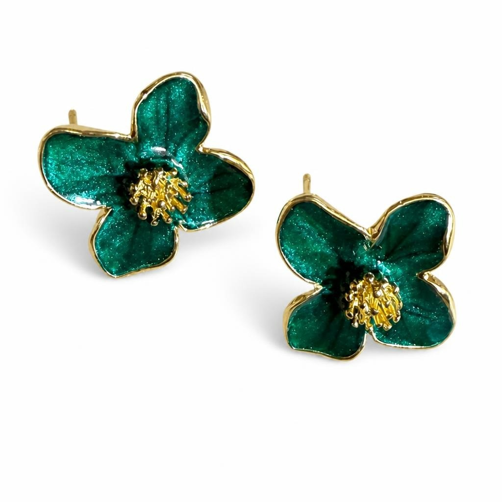 Emerald green enamel flower stud earrings, go - second-hand at Why Go Less