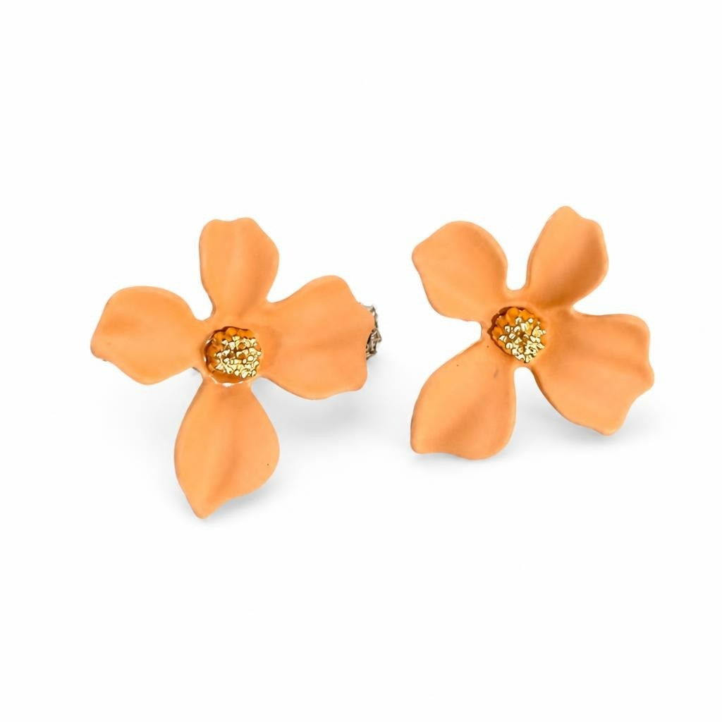 Peach flower statement stud earrings with gol - second-hand at Why Go Less