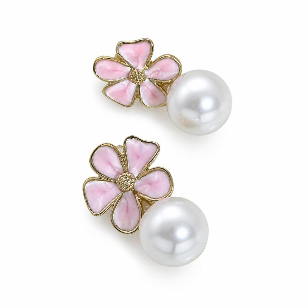 Pink flower and faux pearl drop earrings gold - second-hand at Why Go Less