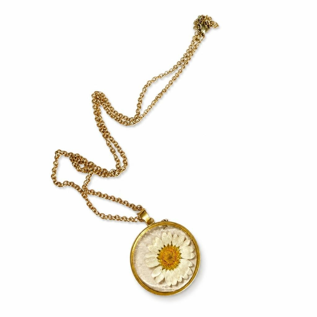 Gold chain necklace oval resin pressed daisy - second-hand at Why Go Less