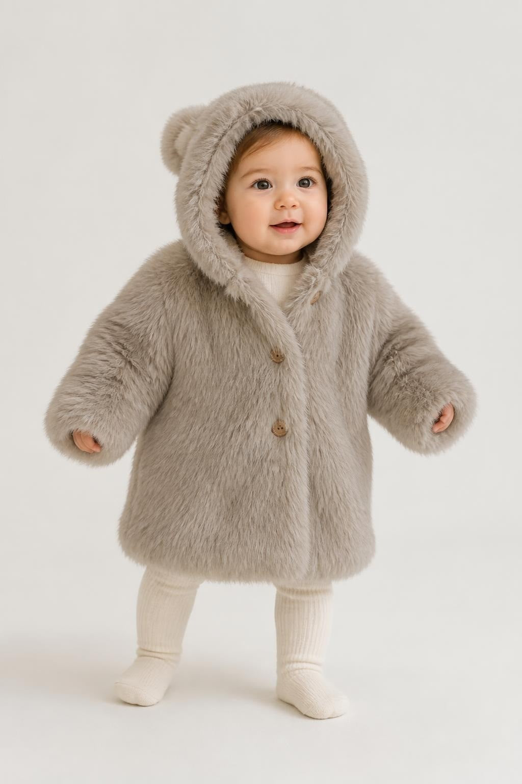 Mamas & Papas Faux Fur Baby Coat Gray - on model shot, second-hand at Why Go Less, Dekwaneh, Lebanon