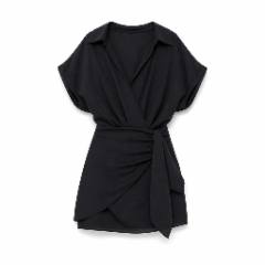 Black Satin Wrap Mini Shirt Dress - at Why Go Less, Lebanon