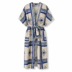 Beige Blue Geometric Print Kimono Shorts Set - at Why Go Less, Lebanon