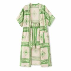 Beige & Green Geometric Print Kimono & Shorts Set - at Why Go Less, Lebanon