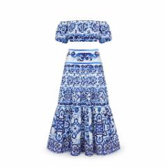 Blue Tile-print Off-shoulder Crop Top & Maxi Skirt - at Why Go Less, Lebanon
