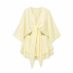 Yellow Tie-front Kimono Top & Ruffle Mini Skirt Set - at Why Go Less, Lebanon
