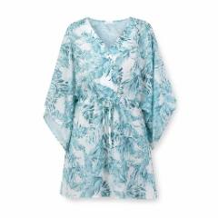 Tropical Leaf Print Kaftan Mini Dress, Blue/white - at Why Go Less, Lebanon