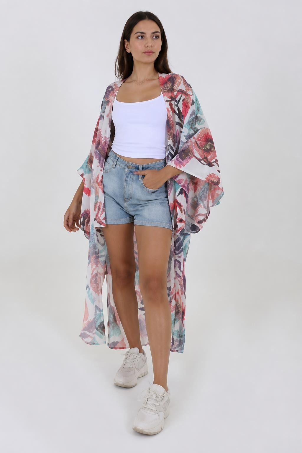 White Floral Chiffon Maxi Kimono Cardigan - at Why Go Less, Lebanon