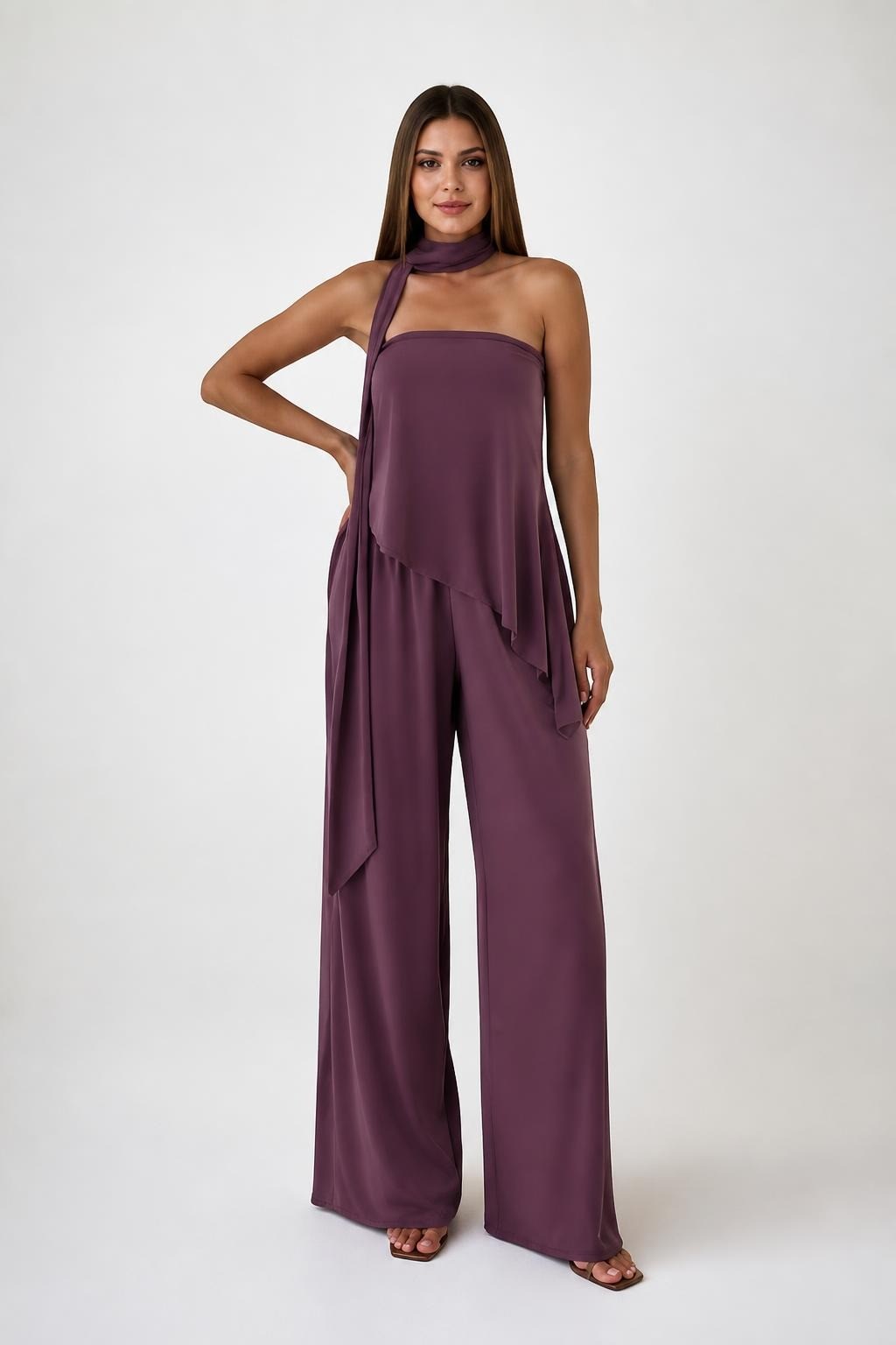 Mauve Purple Halter Neck Flowy Top And Trouser Set - on model shot, second-hand at Why Go Less, Dekwaneh, Lebanon