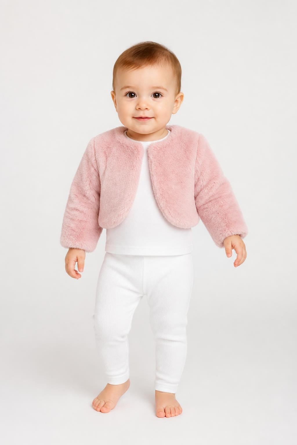 Pink Faux Fur Cropped Baby Bolero Jacket - on model shot, second-hand at Why Go Less, Dekwaneh, Lebanon