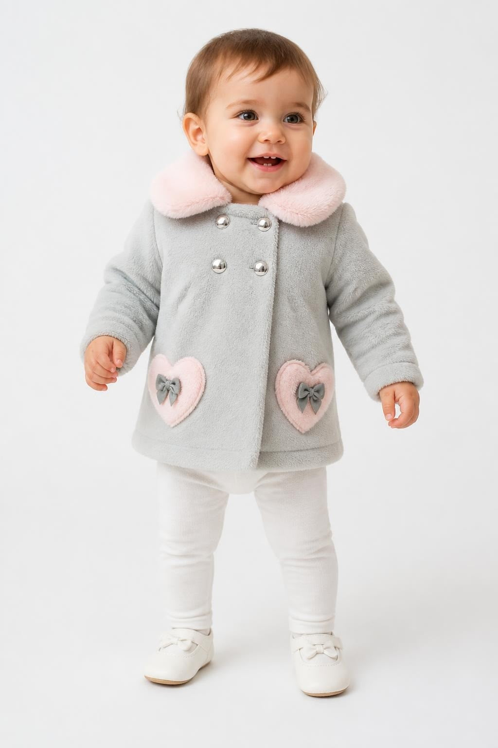 Duck Duck grey baby coat pink fur trim 6-9M - on model shot, second-hand at Why Go Less, Dekwaneh, Lebanon