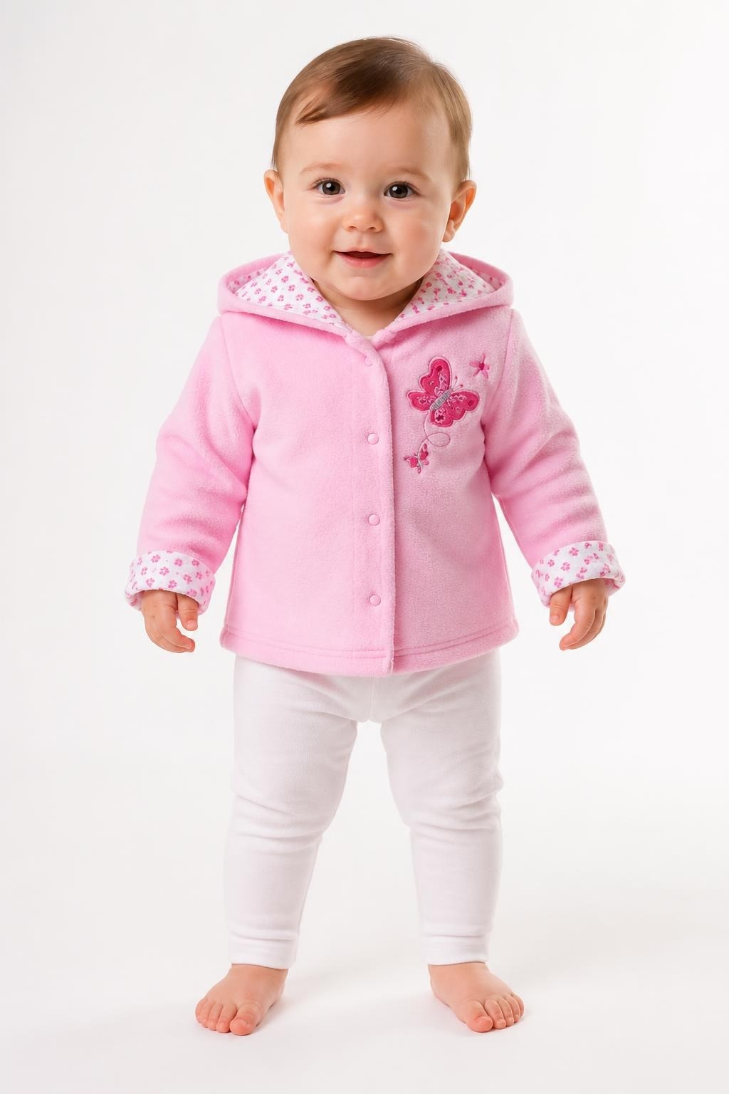 Juniors pink fleece hooded baby jacket 3-6M - on model shot, second-hand at Why Go Less, Dekwaneh, Lebanon