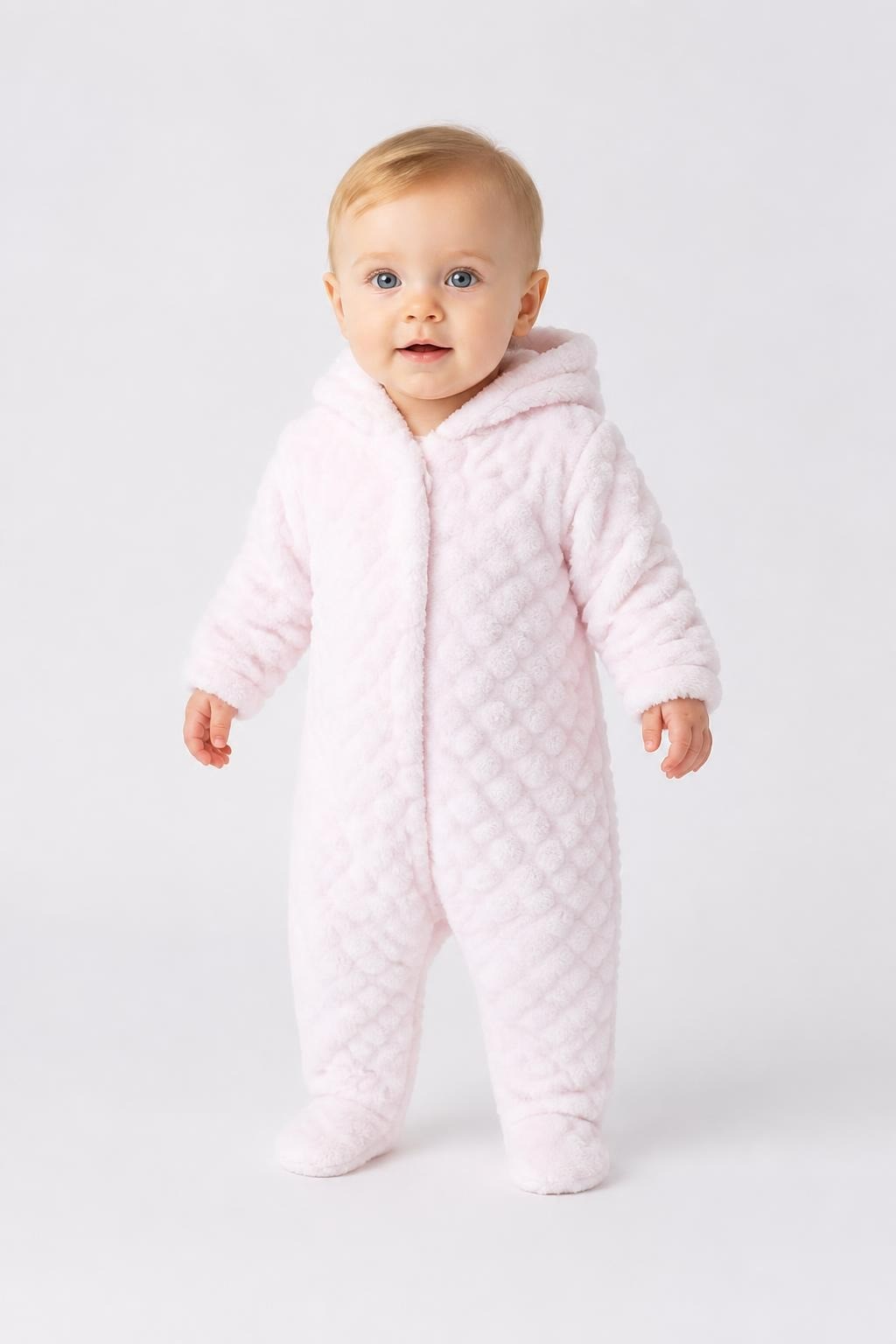 Baby Fleece Bubble-texture Hooded Snowsuit, Light Pink - at Why Go Less, Lebanon