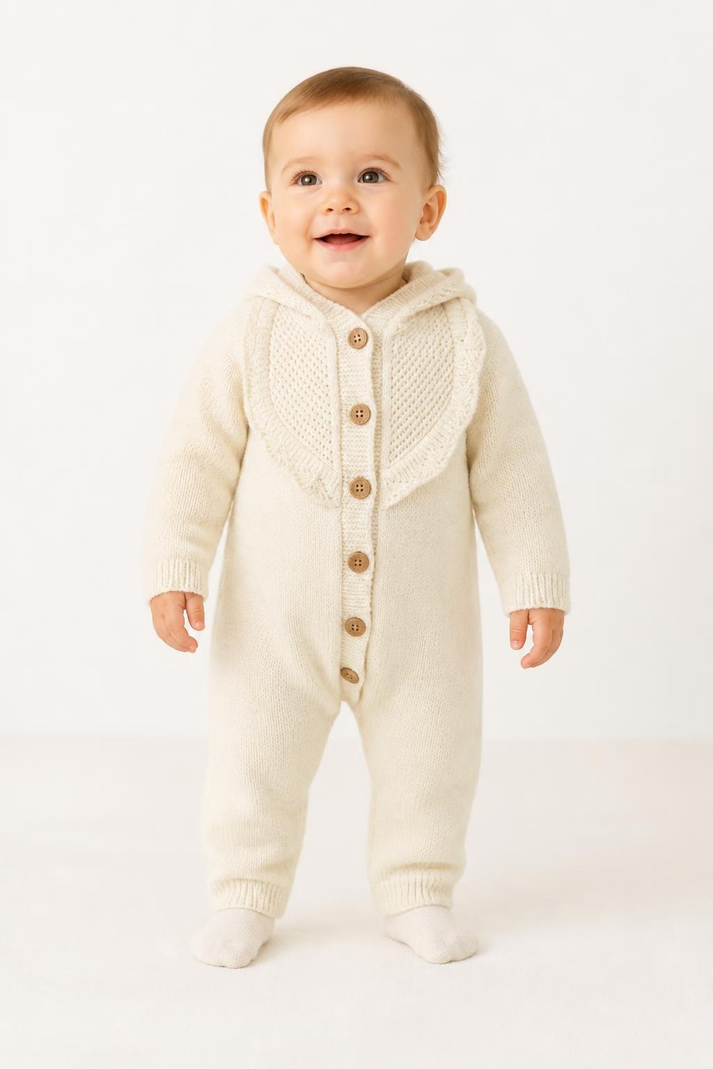 Baby knit hooded button-front romper, cream/beige - on model shot, second-hand at Why Go Less, Dekwaneh, Lebanon