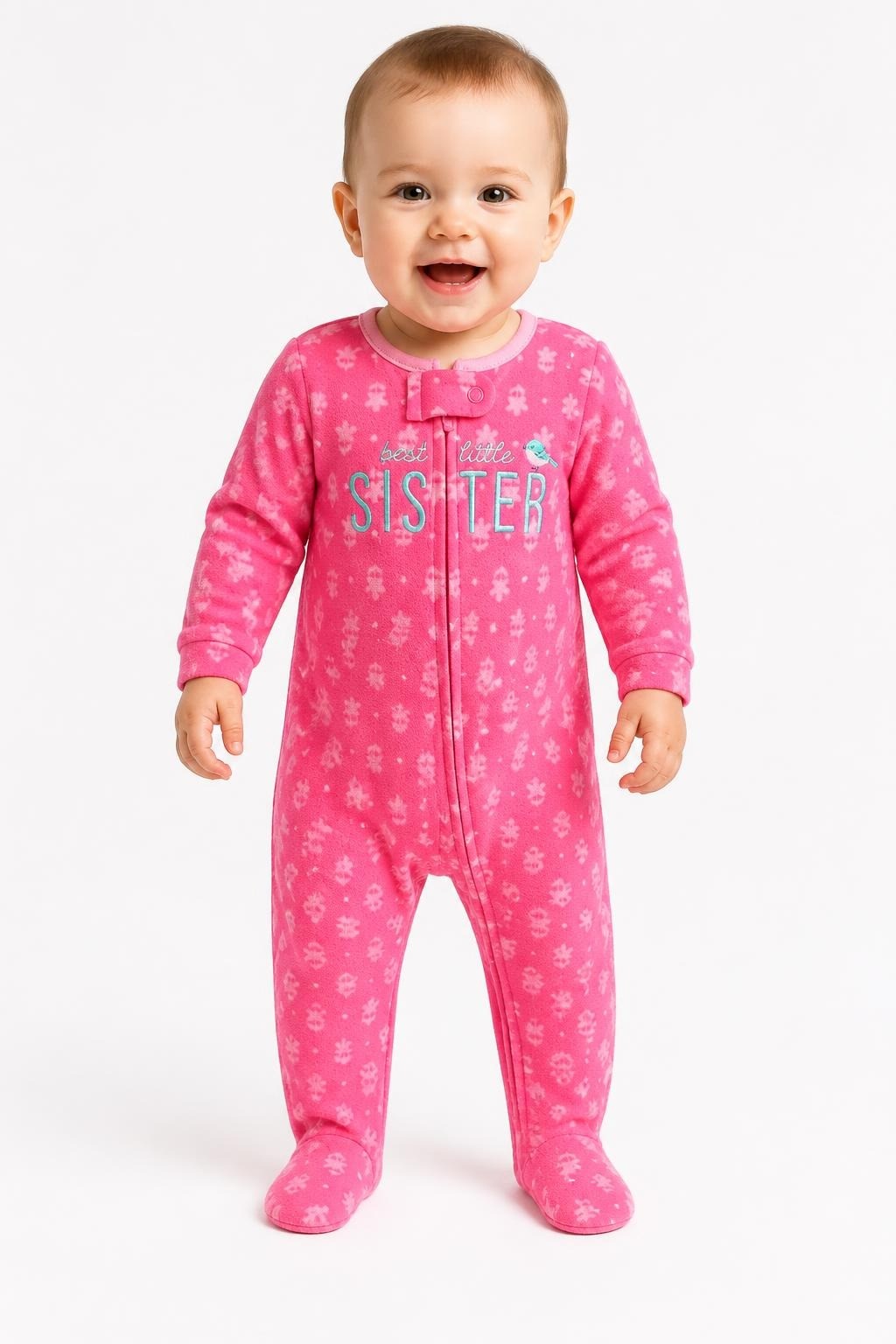 Carter's Child of Mine 'Best Little Sister' footed sleeper, pink - on model shot, second-hand at Why Go Less, Dekwaneh, Lebanon