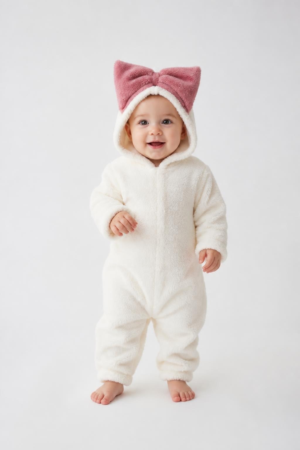 Baby Cream Plush Hoodie With Pink Bow - on model shot, second-hand at Why Go Less, Dekwaneh, Lebanon