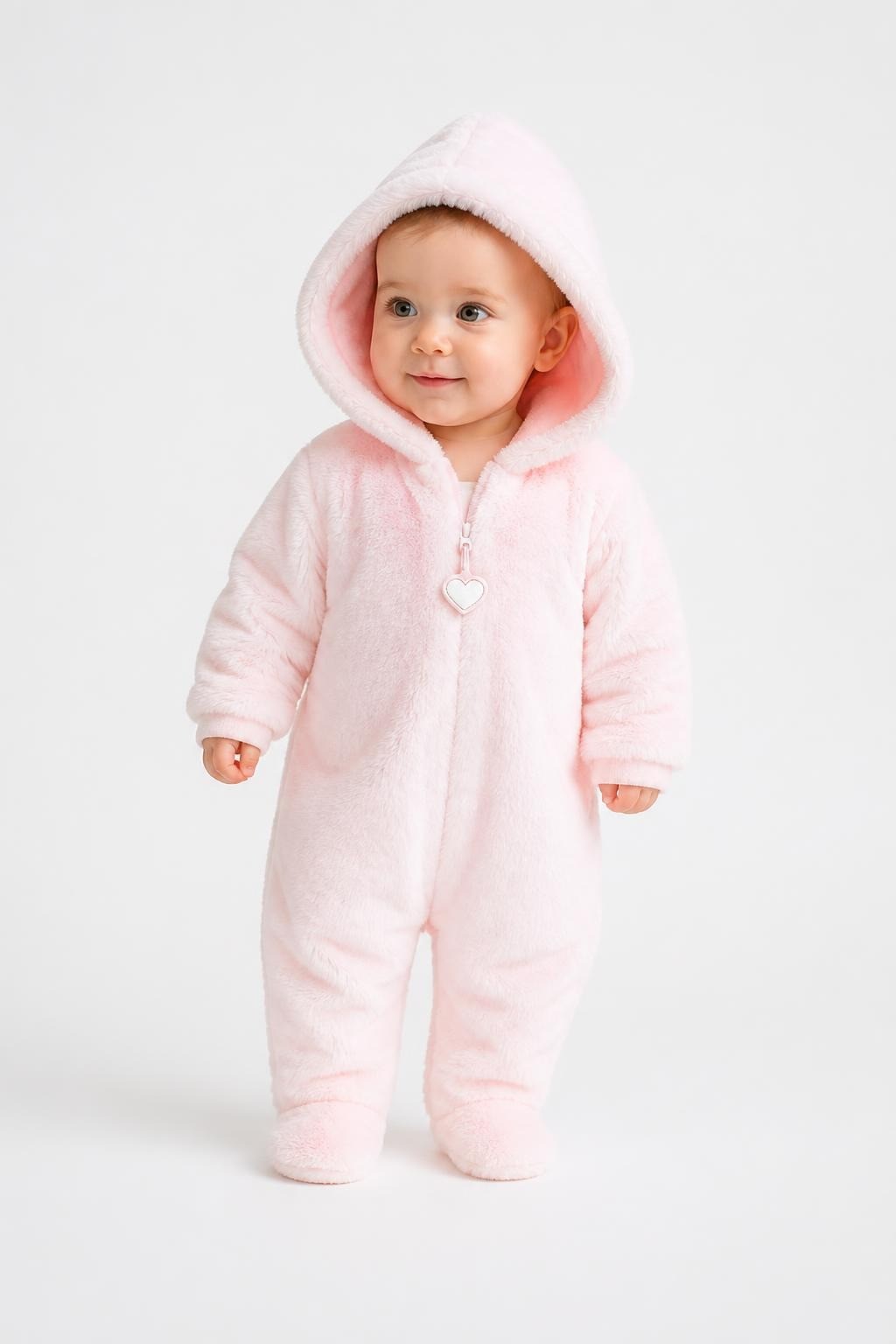 Baby girl pink faux fur pram suit 0-3M - on model shot, second-hand at Why Go Less, Dekwaneh, Lebanon
