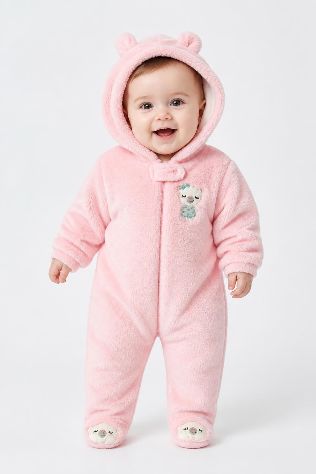 Baby girl pink fleece bear snowsuit hooded - on model shot, second-hand at Why Go Less, Dekwaneh, Lebanon