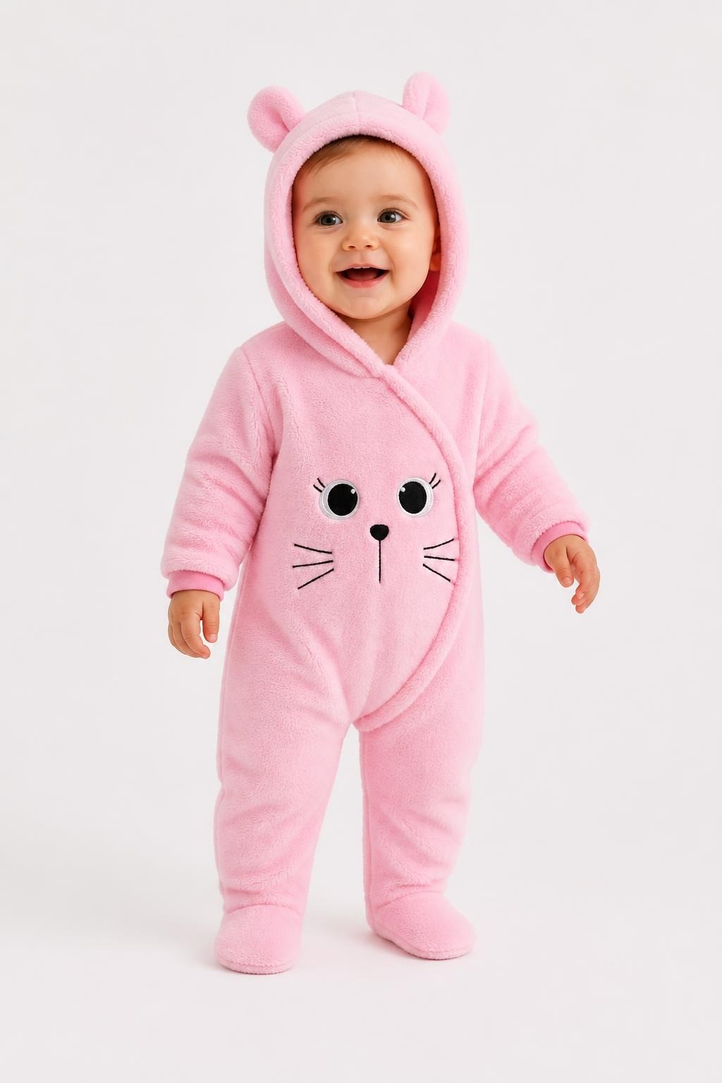 Pink fluffy cat hooded footed baby romper - on model shot, second-hand at Why Go Less, Dekwaneh, Lebanon
