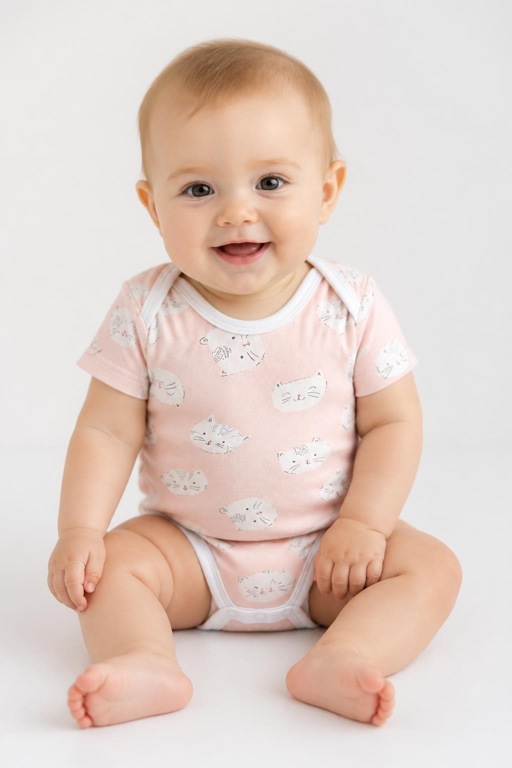 Pink Cat Print Short Sleeve Baby Bodysuit - on model shot, second-hand at Why Go Less, Dekwaneh, Lebanon