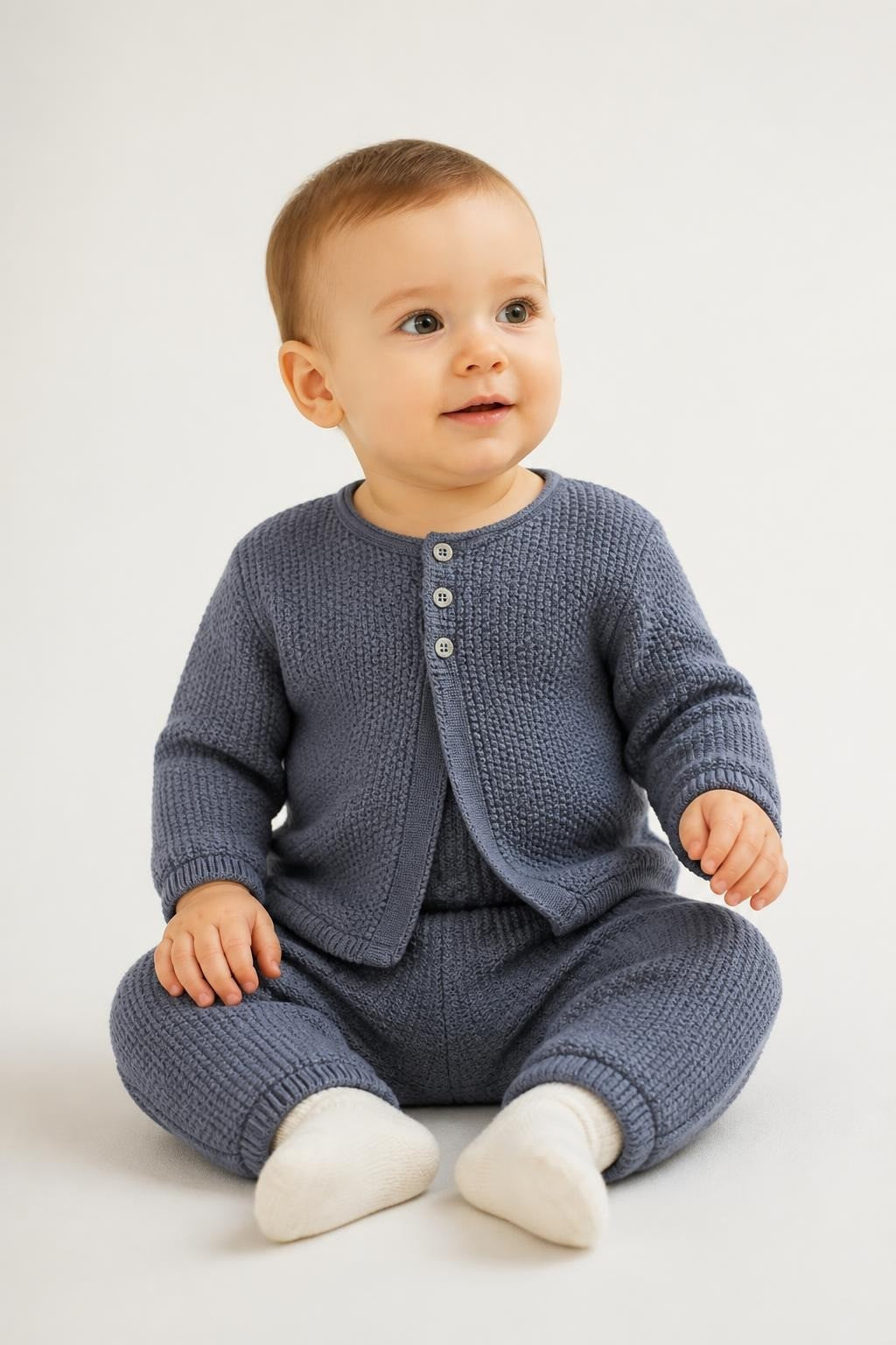 Obaïbi knit cardigan, slate blue, 6M - on model shot, second-hand at Why Go Less, Dekwaneh, Lebanon