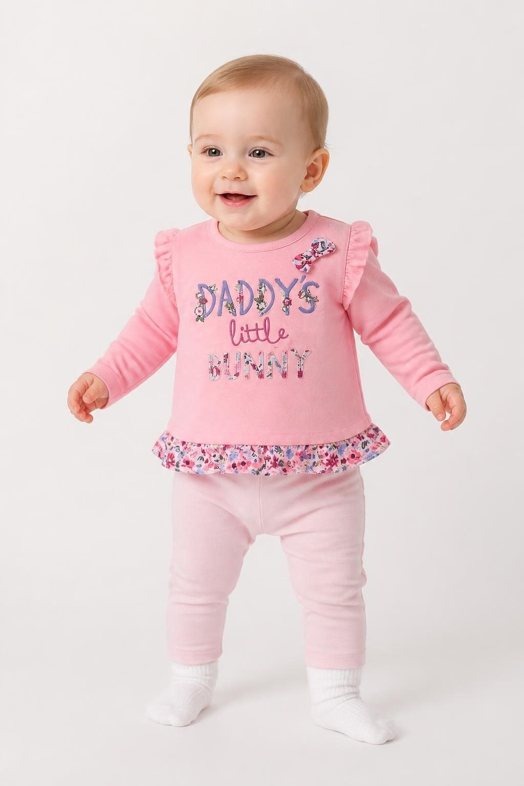 Daddy's Little Bunny Pink Baby Top, Floral Trim - at Why Go Less, Lebanon