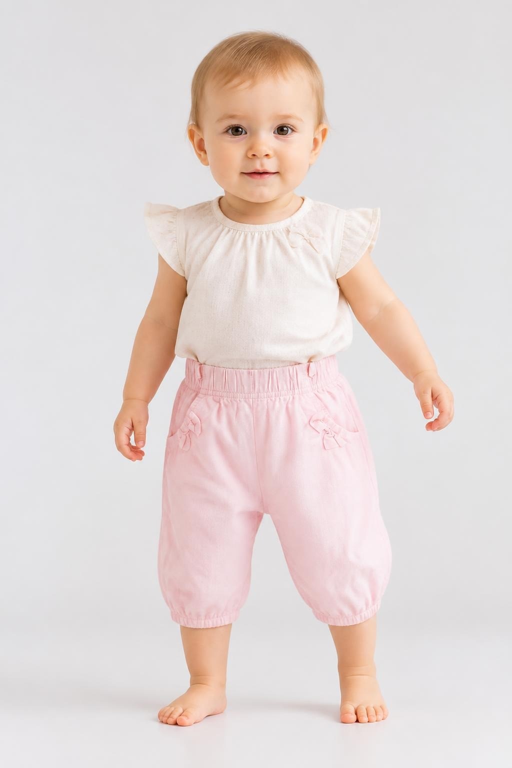 Pink corduroy baby shorts with bow details - on model shot, second-hand at Why Go Less, Dekwaneh, Lebanon