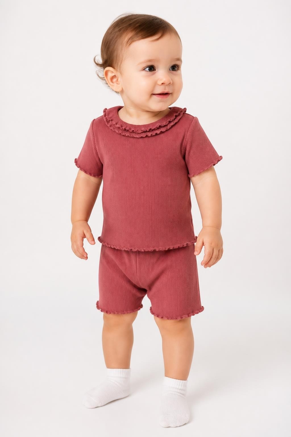 Juniors dusty rose ribbed ruffle-neck baby top - on model shot, second-hand at Why Go Less, Dekwaneh, Lebanon
