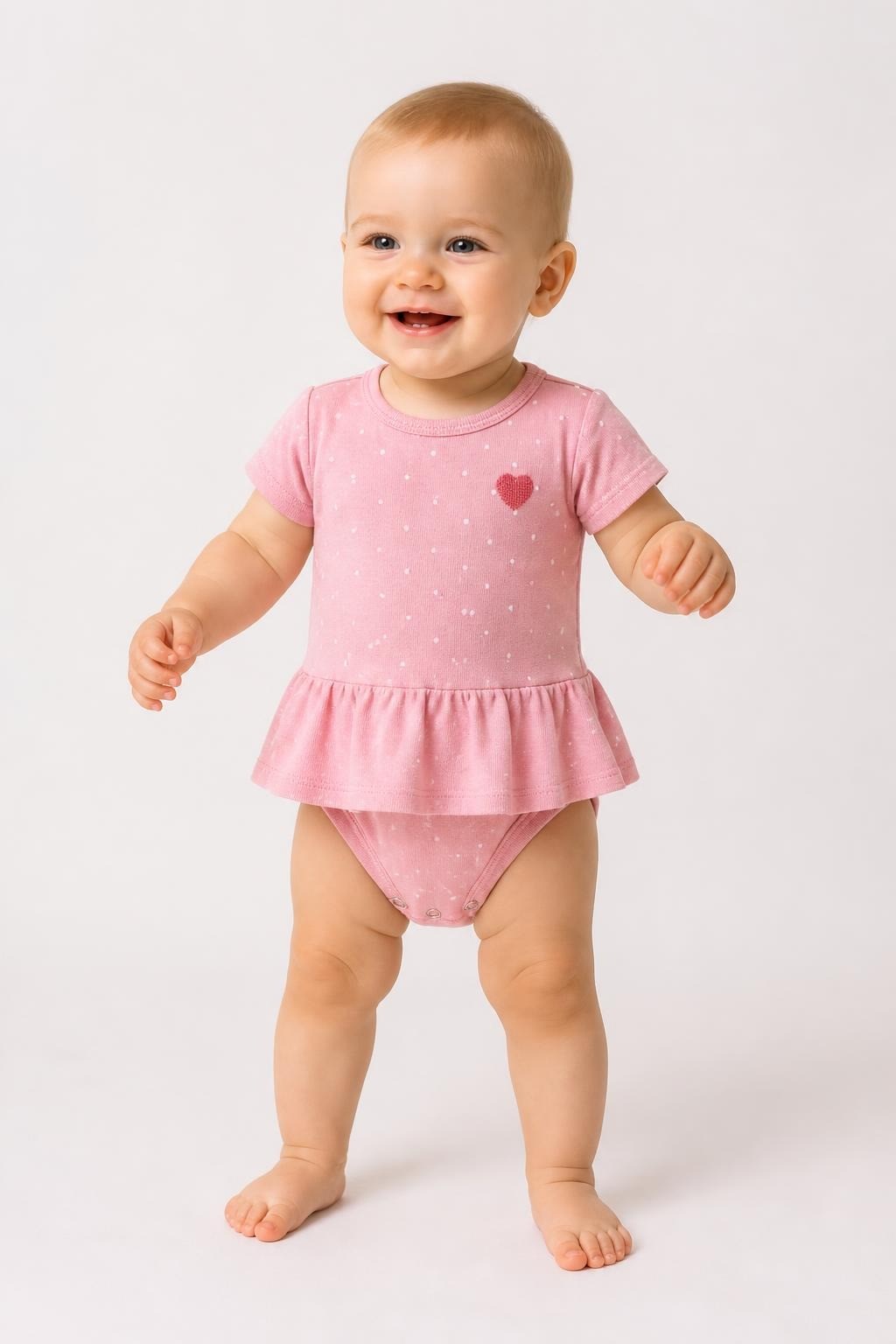 Carter's pink polka dot skirted bodysuit 6M - on model shot, second-hand at Why Go Less, Dekwaneh, Lebanon
