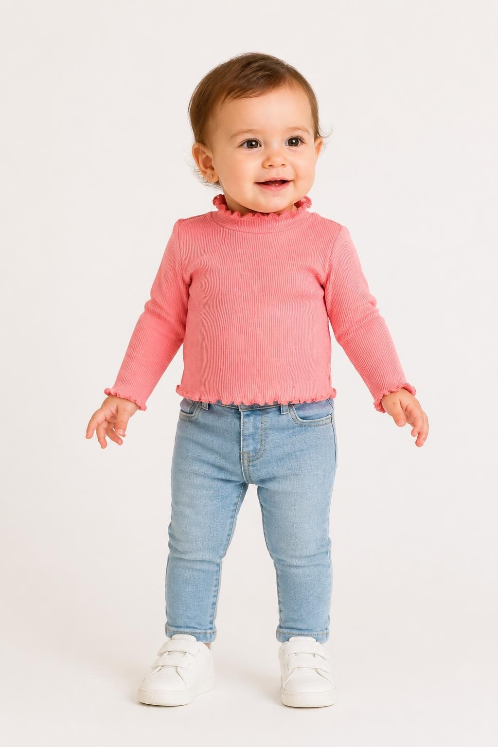 Coral ribbed turtleneck ruffle top baby girl - on model shot, second-hand at Why Go Less, Dekwaneh, Lebanon