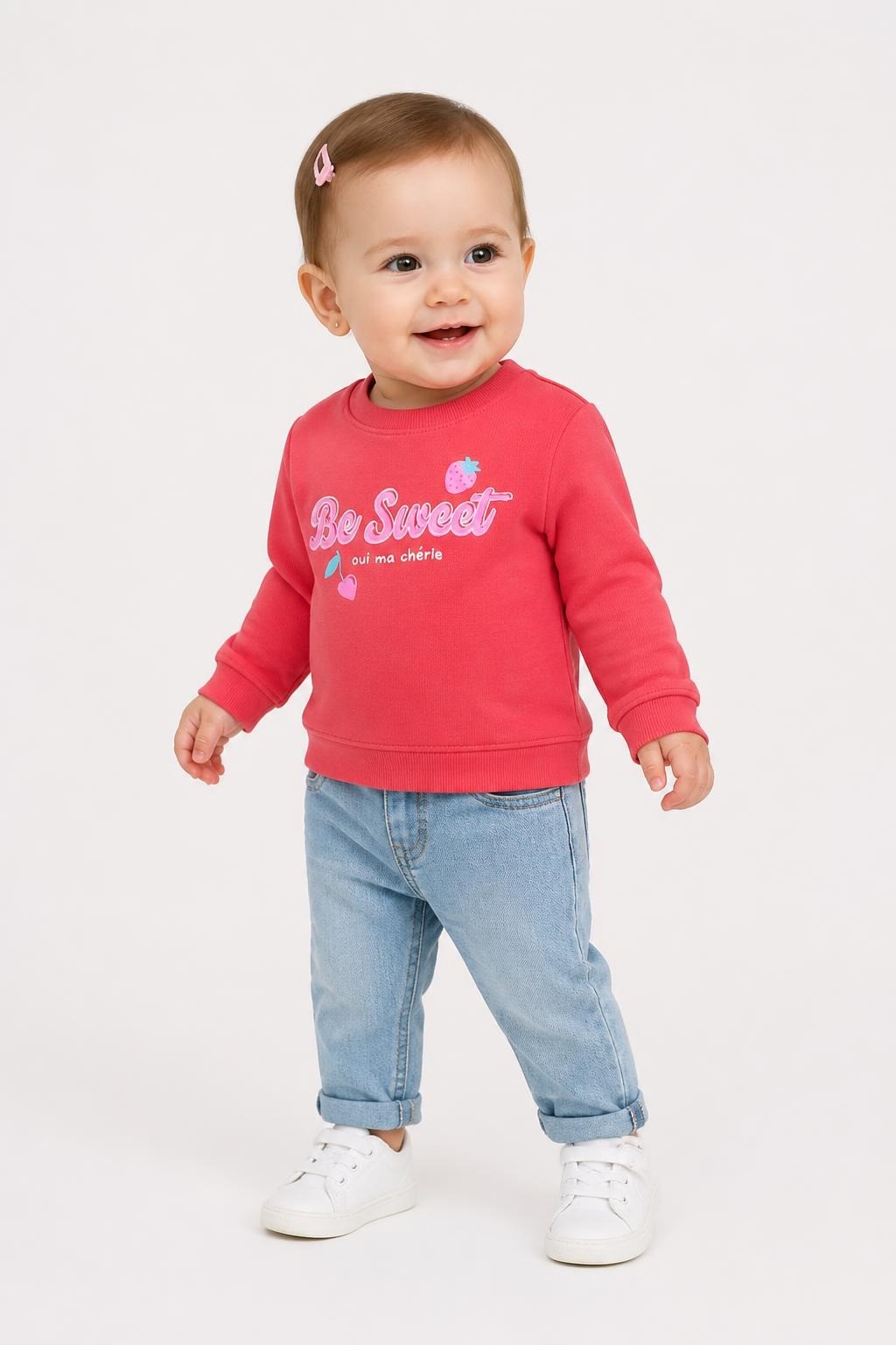 Pompelo Be Sweet red sweatshirt baby 6M - on model shot, second-hand at Why Go Less, Dekwaneh, Lebanon