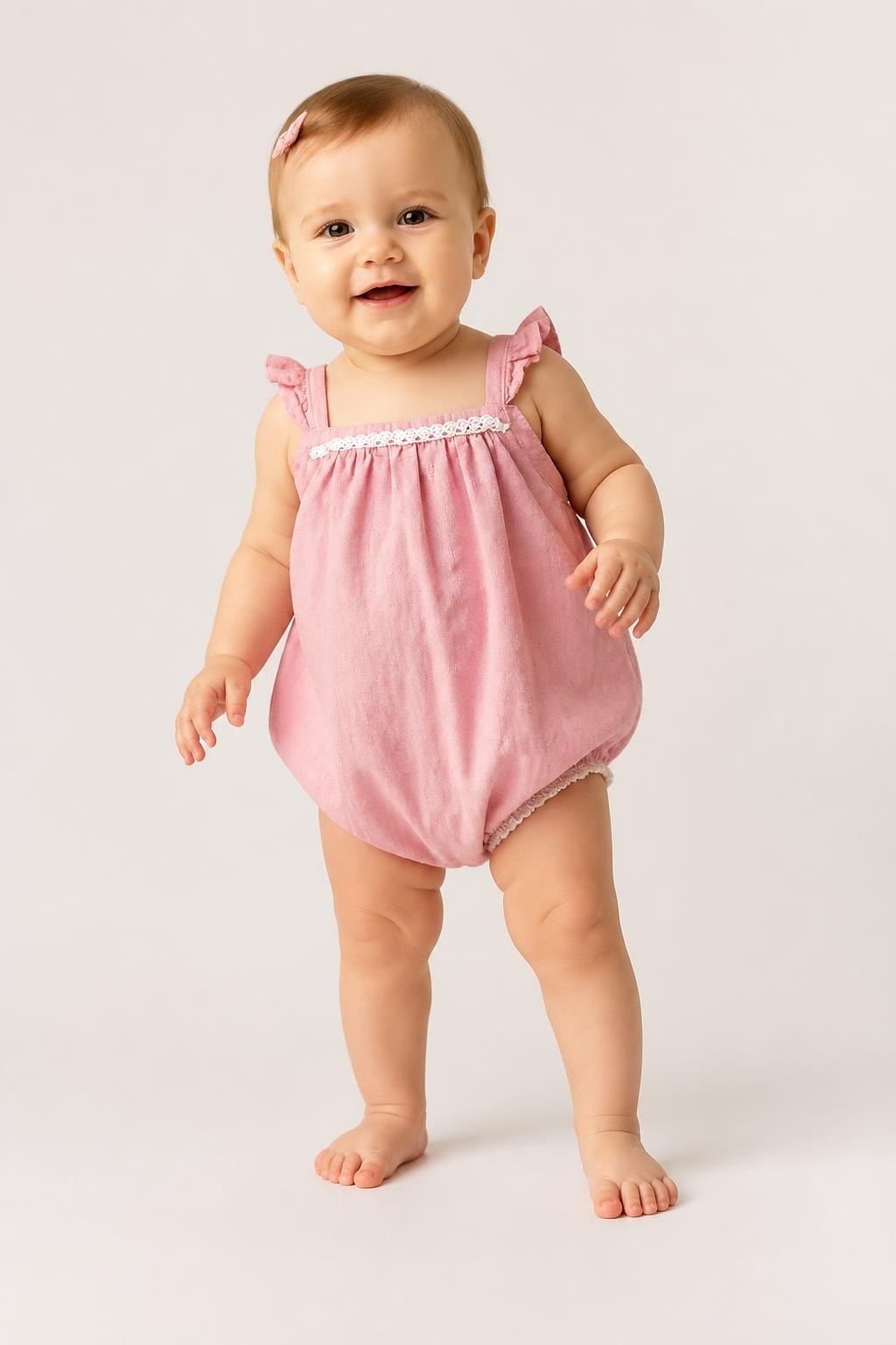 Piper Pose pink bubble romper, 3-6M - on model shot, second-hand at Why Go Less, Dekwaneh, Lebanon