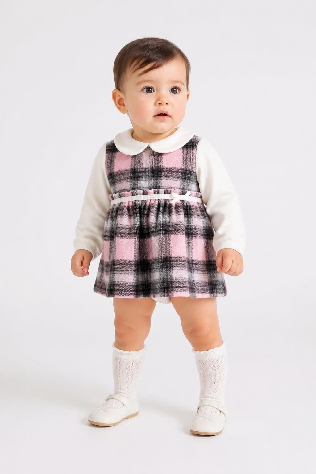 Pink plaid baby dress with white collar, 6-9M - on model shot, second-hand at Why Go Less, Dekwaneh, Lebanon