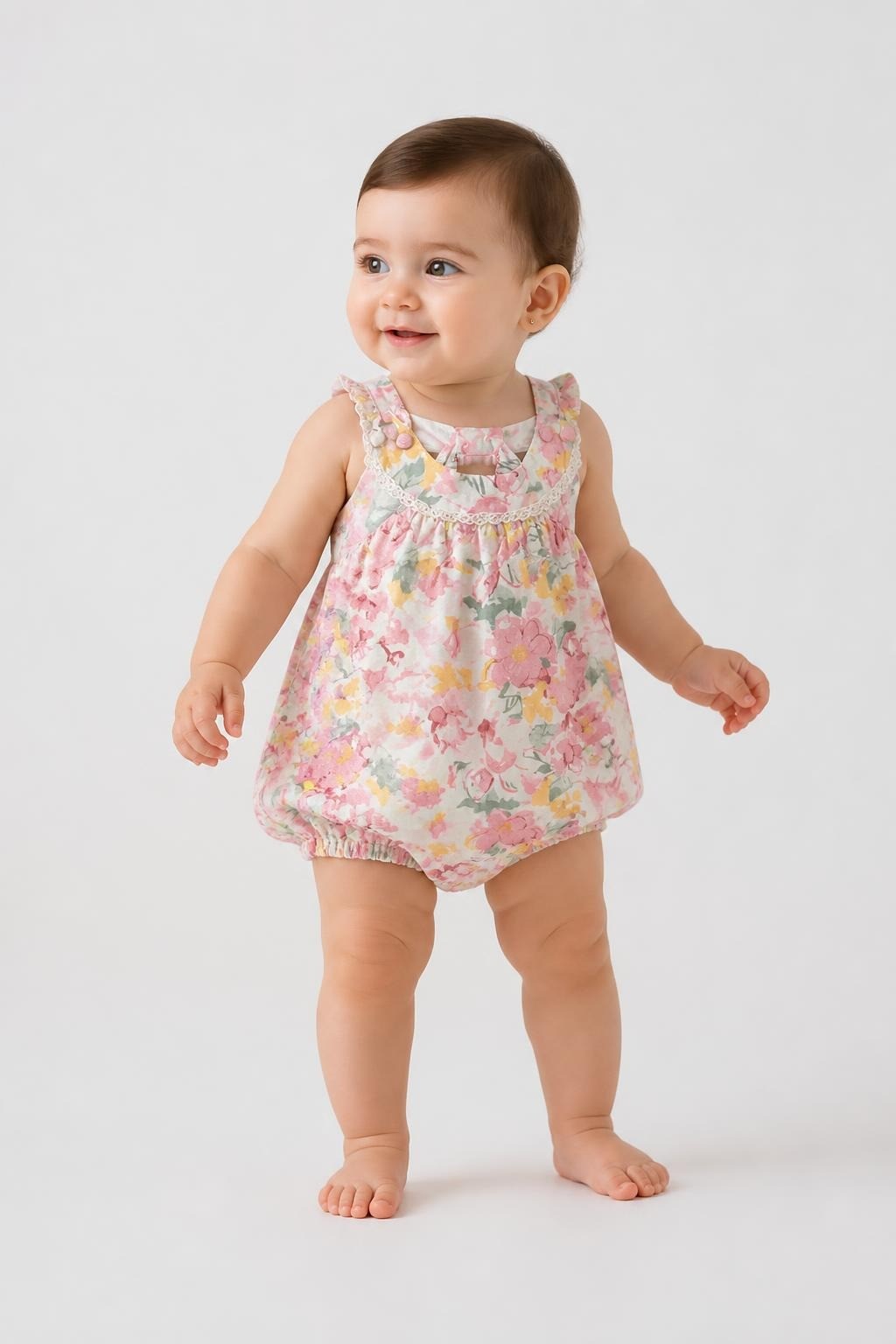 Piper & Posie Floral Baby Romper Pink 3-6M - on model shot, second-hand at Why Go Less, Dekwaneh, Lebanon