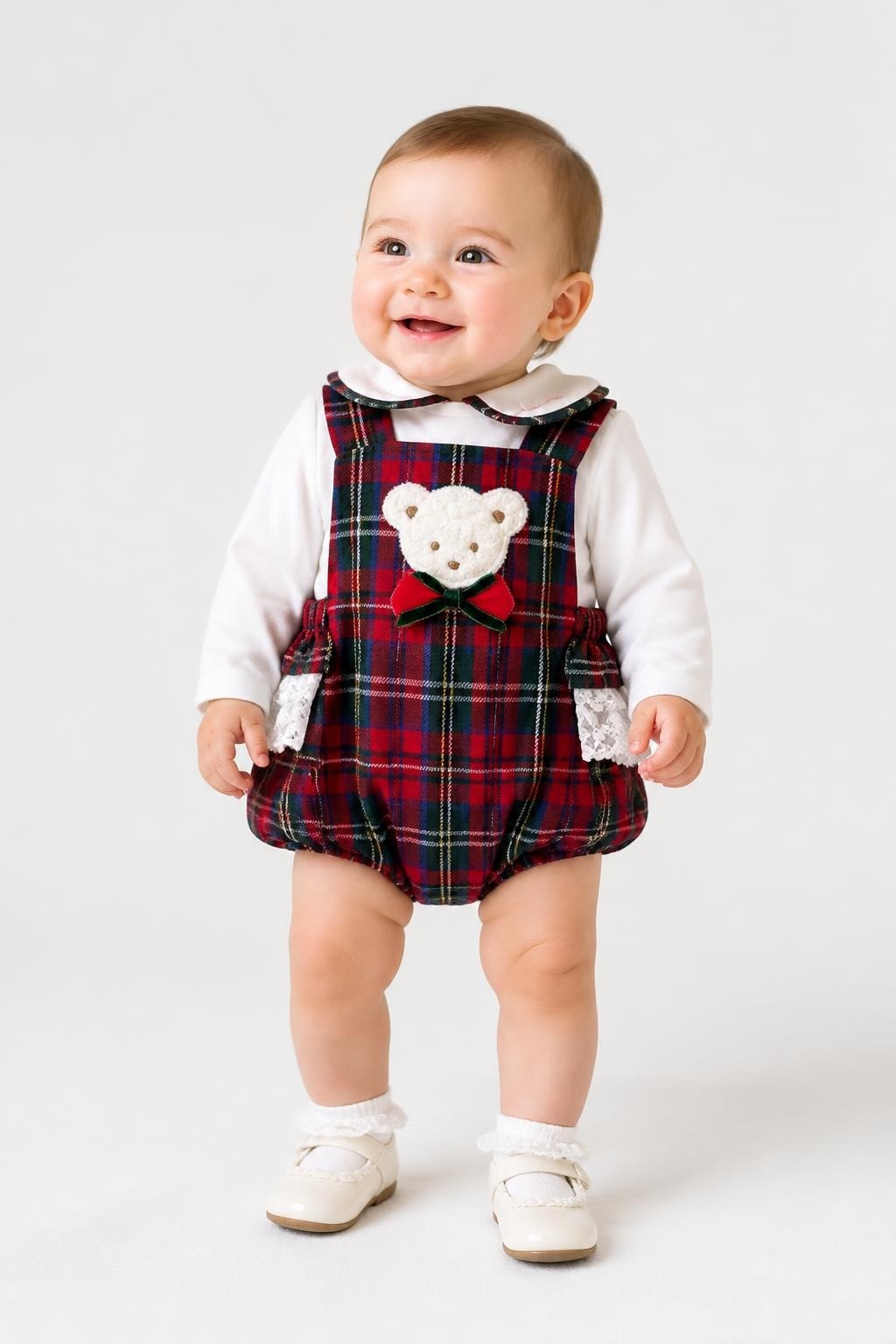 Deeply Loved tartan bear romper set 0-3M - on model shot, second-hand at Why Go Less, Dekwaneh, Lebanon