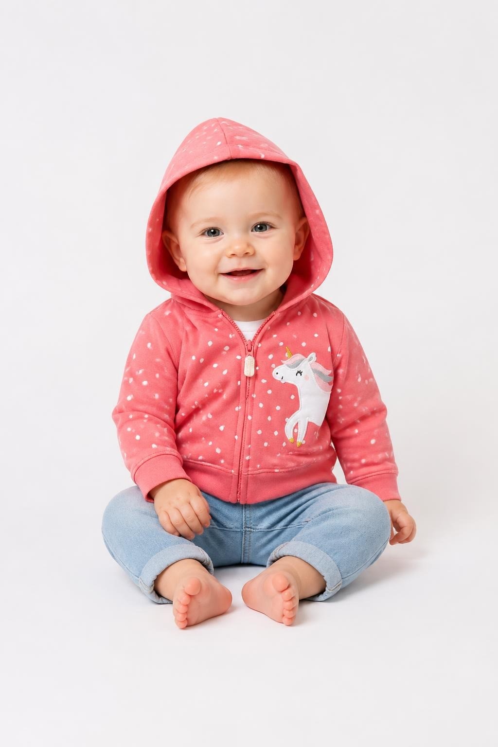 Pink polka dot unicorn hoodie zip-up 6M - on model shot, second-hand at Why Go Less, Dekwaneh, Lebanon
