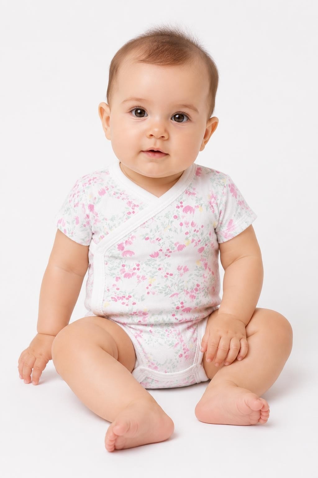Petit Bateau floral wrap bodysuit, white/pink, newborn - on model shot, second-hand at Why Go Less, Dekwaneh, Lebanon